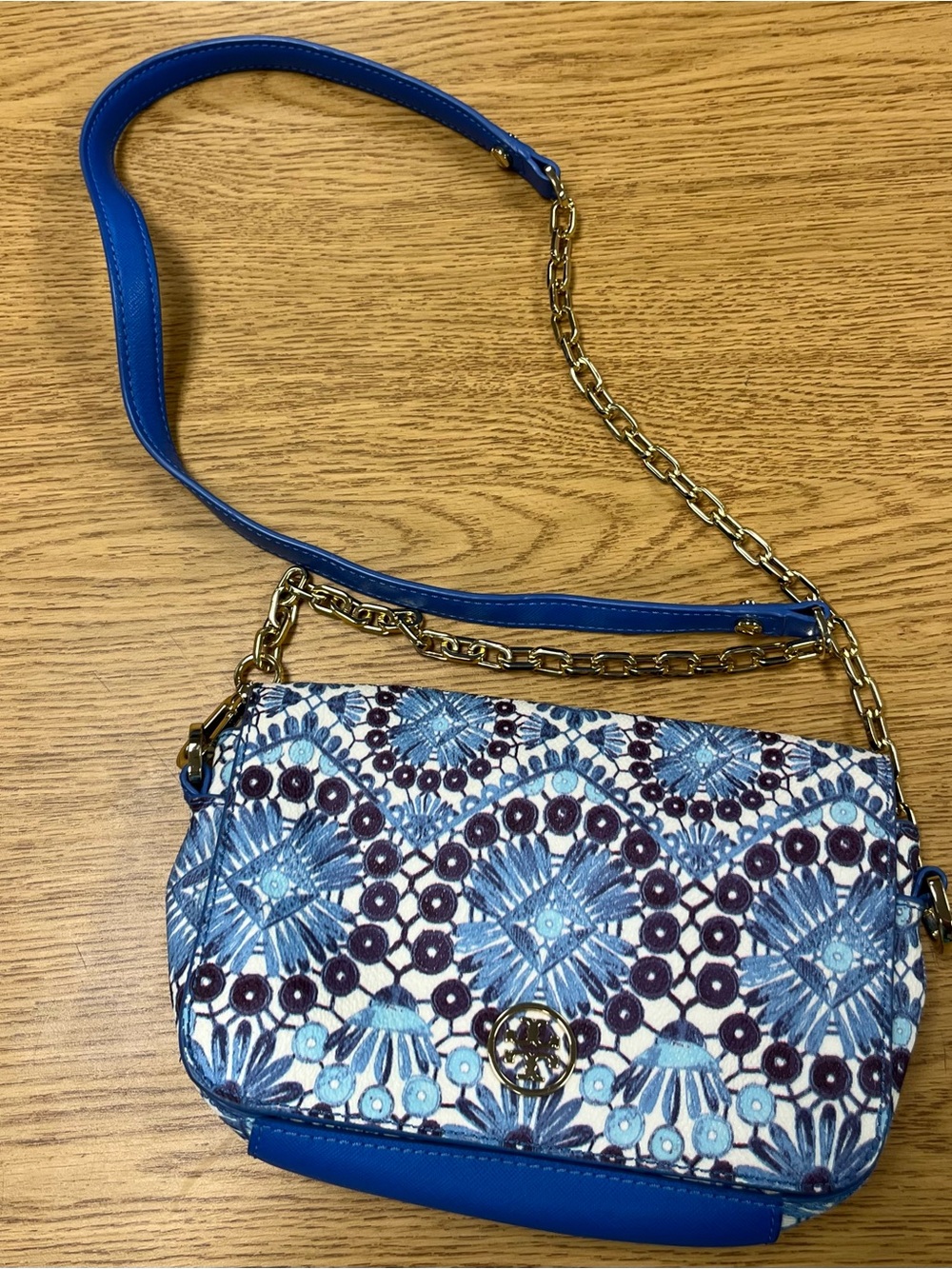 Tory Burch Blue Floral Embroidered Chain Crossbody Bag